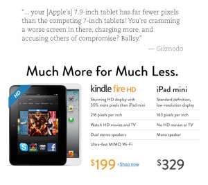 Amazon Kindle Fire HD vs. Apple iPad mini Amazinin etusivulla