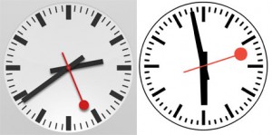 Applen laitteista löytyvä kello vasemmalla, Sveitsin rautateiden design oikealla
