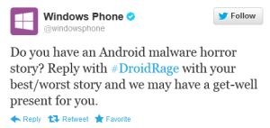 Kuvankaappaus Windows Phone -tilin #DroidRage-tweetistä