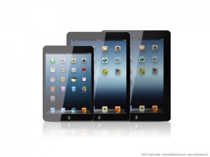 Martin Hajekin luonnoskuva viidennen sukupolven iPadista iPad minin ja vanhan iPadin rinnalla