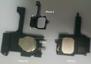 Väitetyt iPhone 5S:n ja iPhone 6:n kaiutinkomponentit NoWhereElse.fr:n julkaisemassa kuvassa