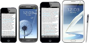Vertailukuva nykyisestä iPhone 5:stä, Samsungin Galaxy S III:sta ja Note II:sta sekä ehdotetusta 4,94 tuuman iPhonesta. Kuvan luonut Marco Arment.