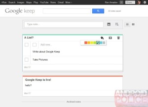Android Policen julkaisema kuvankaappaus Google Keep -palvelun työpöytäverkkoversiosta