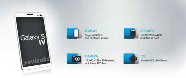Samsung Galaxy S IV ja ominaisuudet @evleaksin kuvassa