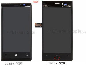 ETradeSupplyn julkaisema kuva Lumia 920:n ja Lumia 928:n näyttökomponenteista