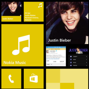 Justin Bieber Windows Phone -aloitusnäkymässä