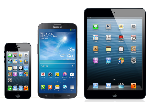 Vasemmalla Apple iPhone 5 neljän tuuman näytöllä, keskellä Samsung Galaxy Mega 6.3 ja oikealla Apple iPad mini 7,9 tuuman näytöllä