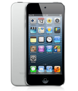 Applen viidennen sukupolven iPod touch 16GB - huomaa takaa yläkulmasta puuttuva kamera ja alakulmasta puuttuva kantolenkin paikka verrattuna 32 ja 64 gigatavun malleihin