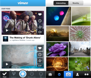 Kuvankaappaukset Flickrin ja Vimeon iPhone-sovelluksista