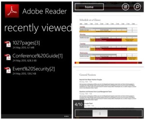 Kuvankaappauksia Windows Phonen Adobe Reader -sovelluksesta