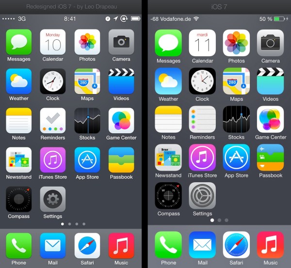 Vasemmalla Leo Drapeaun uudelleensuunnittelemat kuvakkeet, oikealla iOS 7:n viralliset kuvakkeet