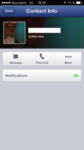 Facebookin ilmaispuhelut. Free Call -painike näkyy kuvan mukaisena, jos soittaminen on mahdollista.