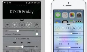 Vasemmalla Androidille tarjolla oleva Control Center -sovellus, oikealla Applen iOS 7:n uusi Ohjauskeskus-ominaisuus