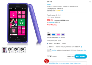Nokia Lumia 512:n normihinta HSN:llä on nyt 99,95 dollaria, mutta alennuskoodilla se putoaa 80 dollariin