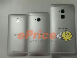 HTC:n jo lanseeratut One mini ja One rinnallaan oikealla tuleva One Max ePricen julkaisemassa kuvassa
