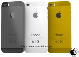 Macotakaran aiemmin julkaisema hahmotelmakuva uudesta iPhone 5S:stä eri väreissään