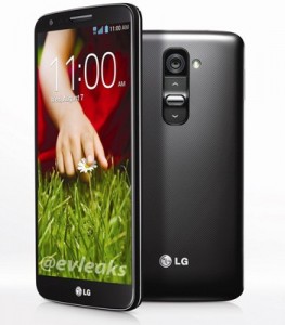 LG G2 edestä ja takaa @evleaksin julkaisemassa lehdistökuvassa