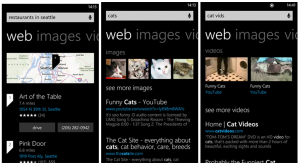 Kuvankaappauksia uudistuneesta Bing-hausta Windows Phonessa
