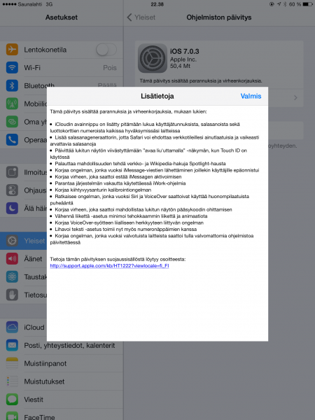 Apple iOS 7.0.3 -ilmoitus iPadissa
