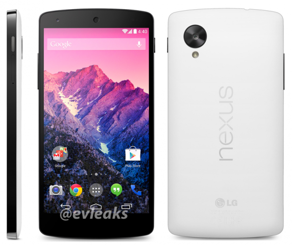 Googlen ja LG:n Nexus 5 valkoisena @evleaksin vuotamassa kuvassa