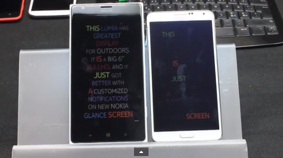 Lumia 1520 vs. Galaxy Note 3 - kuvankaappaus alta löytyvältä uuden tekniikan esittelyvideolta, jossa Lumia 1520 pesee Galaxy Note 3:n sisällön luettavuudessa valaistuksen muuttuessa