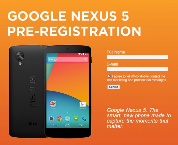 Nexus 5 kanadalaisoperaattori WINDin sivuilla