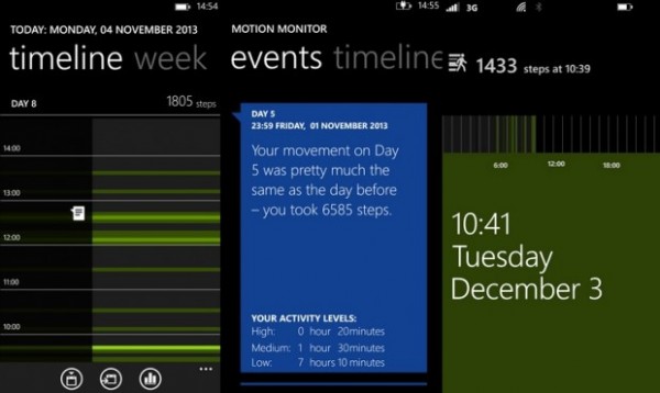 Kuvakaappauksia Nokia Motion Monitor -sovelluksesta
