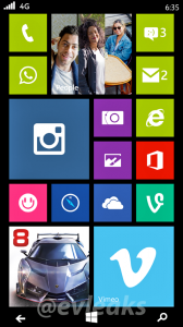 Lumia 635:n aloitusnäkymä @evleaksin vuotamassa kuvassa