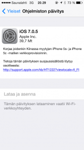 iOS 7.0.5 -päivityksen tiedot iPhone 5s:ssä