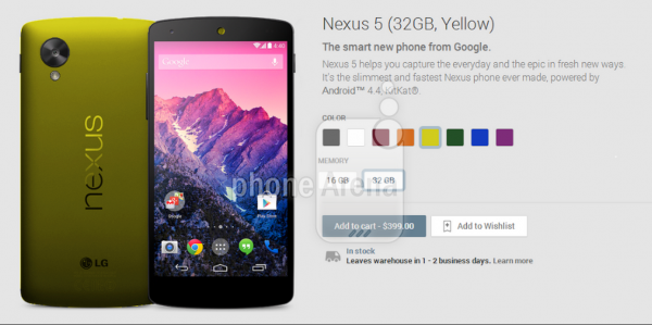 Nexus 5 keltaisena Phone Arenan julkaisemassa kuvassa