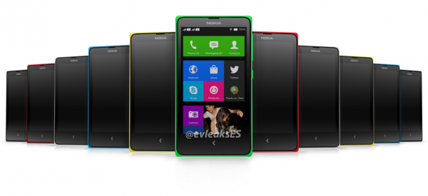 Nokia Normandy useissa eri väreissä - keskellä näkyvissä Windows Phonen tyylinen aloitusnäkymä