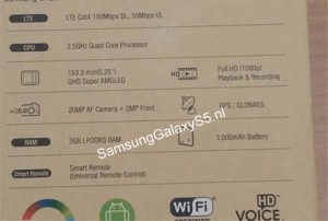 Viikon aikana nähtiin väitetty vuotokuva Galaxy S5:n myyntipakkauksestakin, jossa listattuna ovat tekniset ominaisuudet