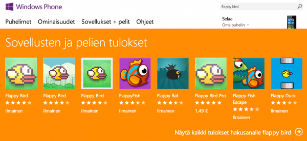 Flappy Bird -kopioita tarjolla Windows Phonelle