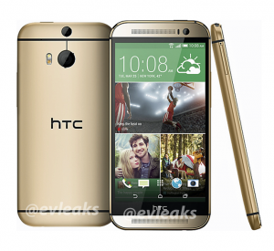 The All New HTC One -lippulaivaälypuhelin kultaisena väriversiona @evleaksin julkaisemassa kuvassa