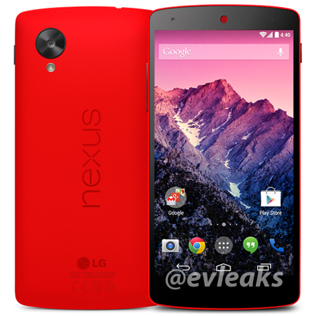 Nexus 5 punaisena värivaihtoehtona @evleaksin vuotamassa lehdistökuvassa - huomaa punaisen laajentuminen etupuolelle kuulokkeessa