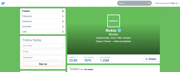Räikeästi vihreäksi muuttui ystävänpäivänä myös Nokian Twitter-tili