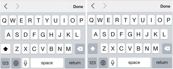 iOS 7.1:n shift-näppäin puhututtaa: vasemmalla se on painettuna ja oikealla ei