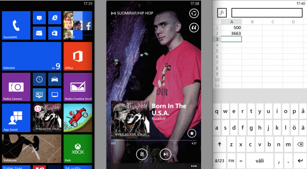 Windows Phonen aloitusnäkymä, Nokian MixRadio ja Excel virtuaalinäppäimistön kera
