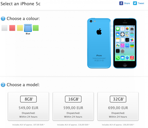 iPhone 5c:n hinnat ovat nyt 549, 599 ja 699 euroa
