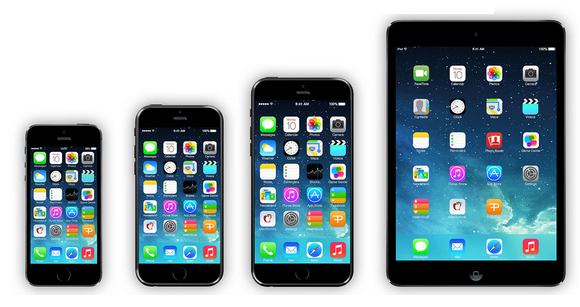iPhone 5s vasemmalla ja iPad mini oikealla sekä välissä konseptikuvat 4,7 ja 5,7 tuuman iPhoneista