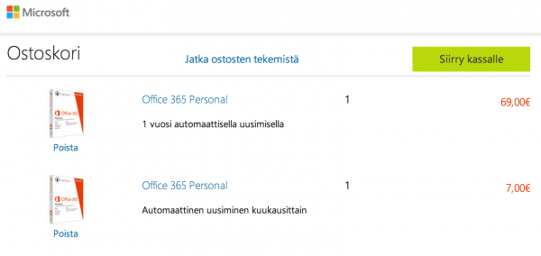 Microsoft Office 365 Personalin voi ostaa kuukausi- tai vuositilauksella
