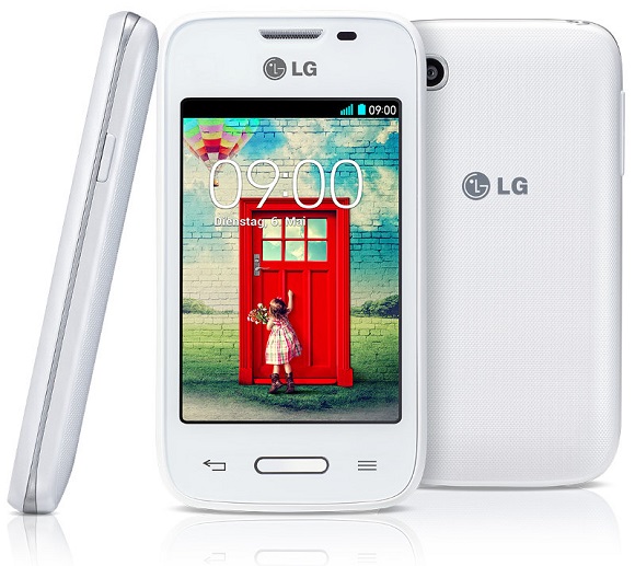 LG:n uusi edullinen L35-älypuhelin valkoiosena värivaihtoehtona sivulta, edestä ja takaa