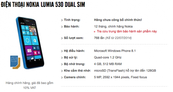 Lumia 530 MaiNguyen-verkkokaupan sivuilla