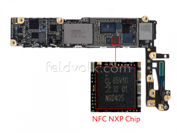 Feld & Volkin vuotama kuva väitetystä iPhone 6:n emolevystä, jolla erottuu NFC-piiri