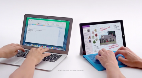 Kuvakaappaus YouTubesta, Microsoftin mainosvideolla vastakkain Surface Pro 3 sekä Applen MacBook Air