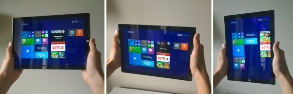 Vasemmalla on arvostelijalle luontaisin ote Surface Pro 3:sta, mutta muutkin otteet ovat mahdollisia. Laitteen käyttö pystyasennossa on yllättävänkin miellyttävää.