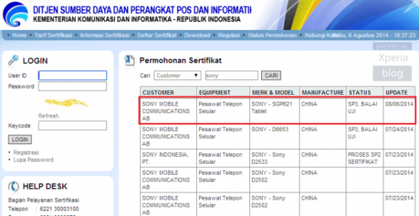 Mystinen Sony SGP621 Indonesian Postelin sertifikaattilistalla