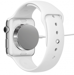 Apple Watch ladataan yleensä magneetilla kiinnittyvällä induktiivisella laturilla.