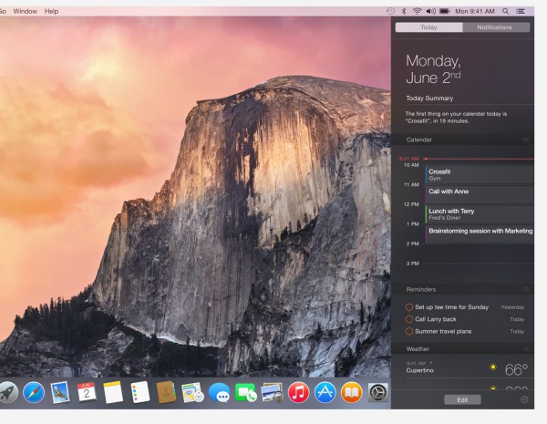 Kuvakaappaus uudesta Mac OS X Yosemitesta ja sen ilmoituskeskuksesta