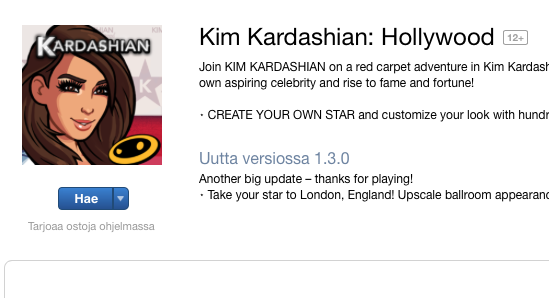 Kim Kardashianin ikioman pelin asentaminen App Storesta ei enää tapahdu painamalla "Ilmainen"-painiketta, vaan "Hae"-painiketta.